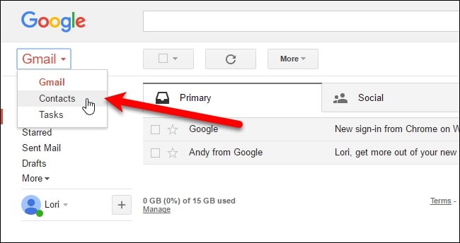 Gmailアカウントで連絡先を選択します