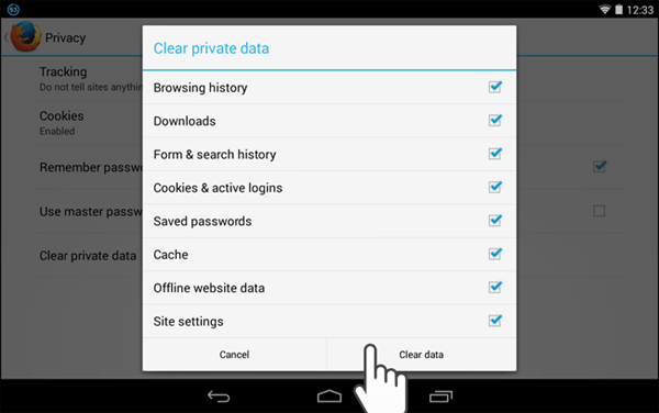 FirefoxブラウザからAndroidのTEMPファイルをクリアします