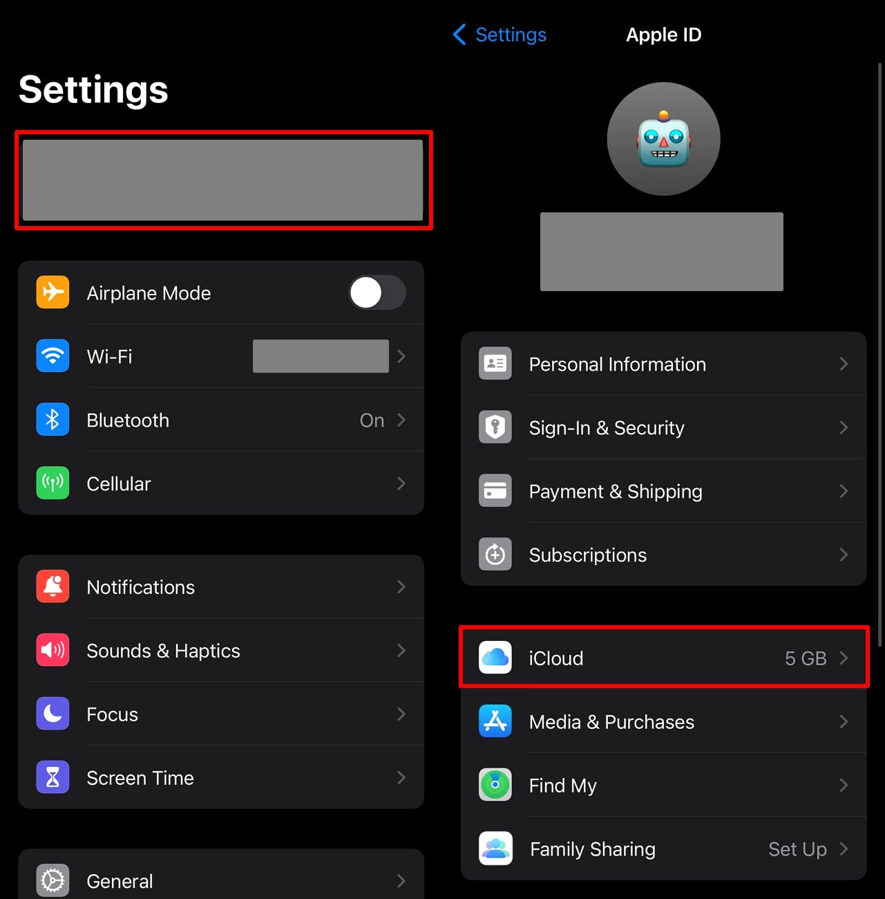 Apple IDを選択した後、iCloudにアクセスします