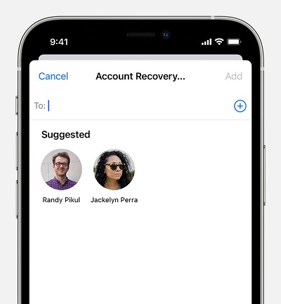 iOS 16のリカバリの連絡先として連絡先を選択します