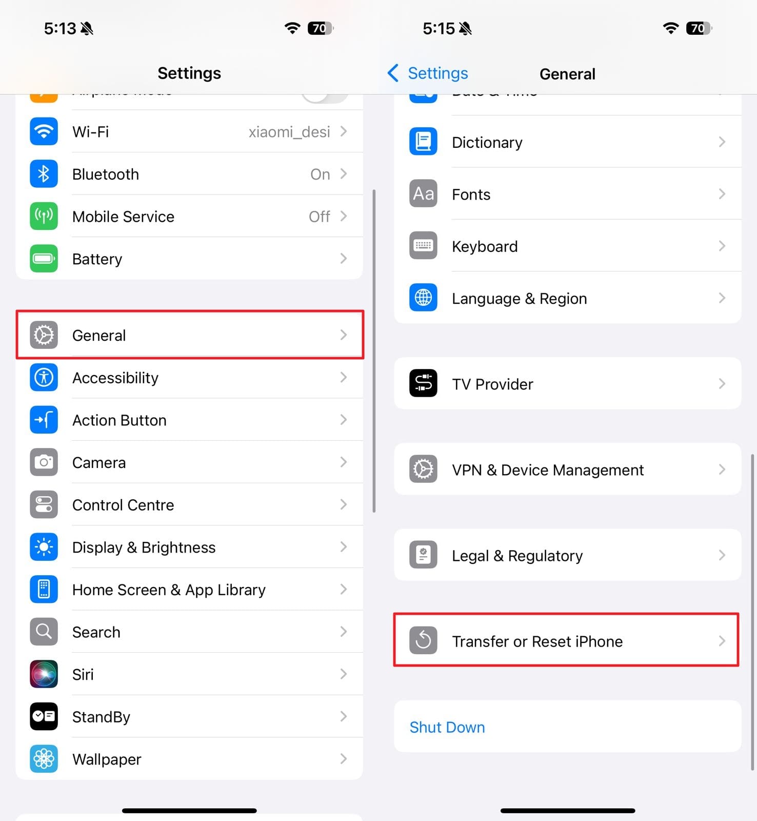 アクセス転送またはiPhoneの設定をリセットします