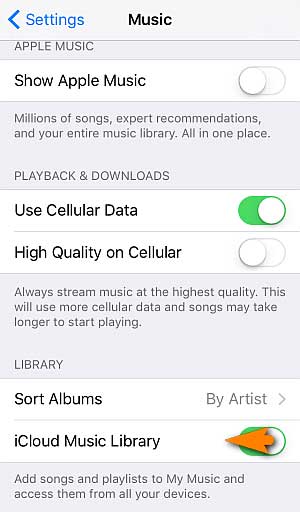 iPhoneのiCloud Music Library機能をオフにします