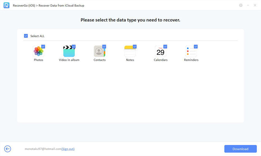 Recovergo iOSガイド-Icloudバックアップから回復するデータ型を選択します