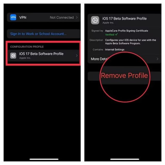 iOS 18プロファイルを削除します