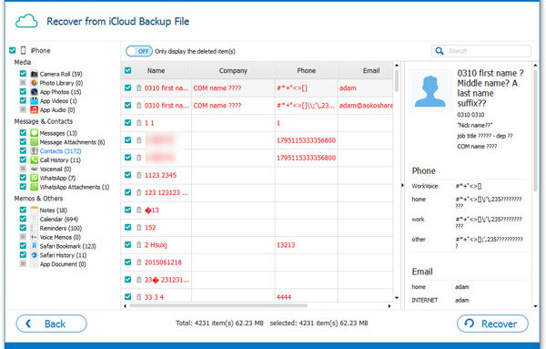 iCloudから選択したデータをプレビューおよび回復します