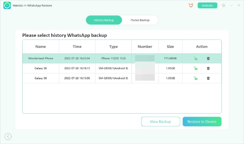 Watsgo Guide -WhatsAppバックアップデータを選択して復元します 