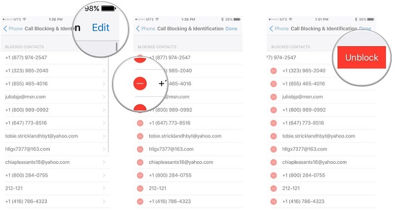 ブロックを解除するiPhoneの連絡先