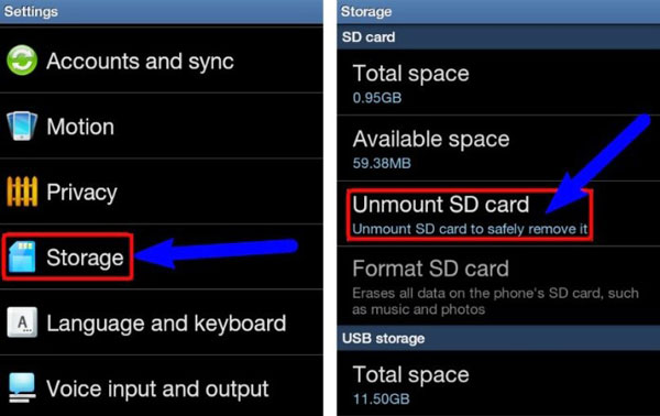 AndroidのSDカードをアンマウントします