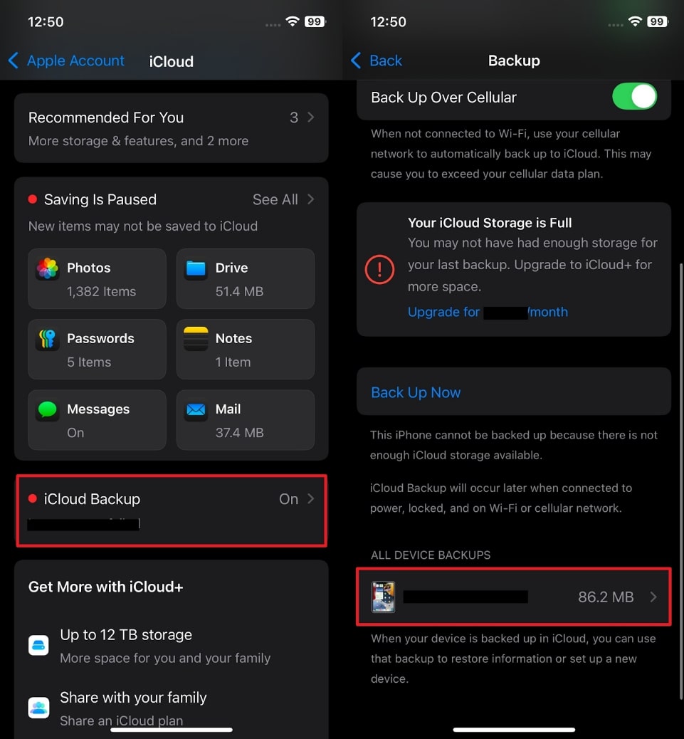 iCloudバックアップを押して、デバイスを選択します