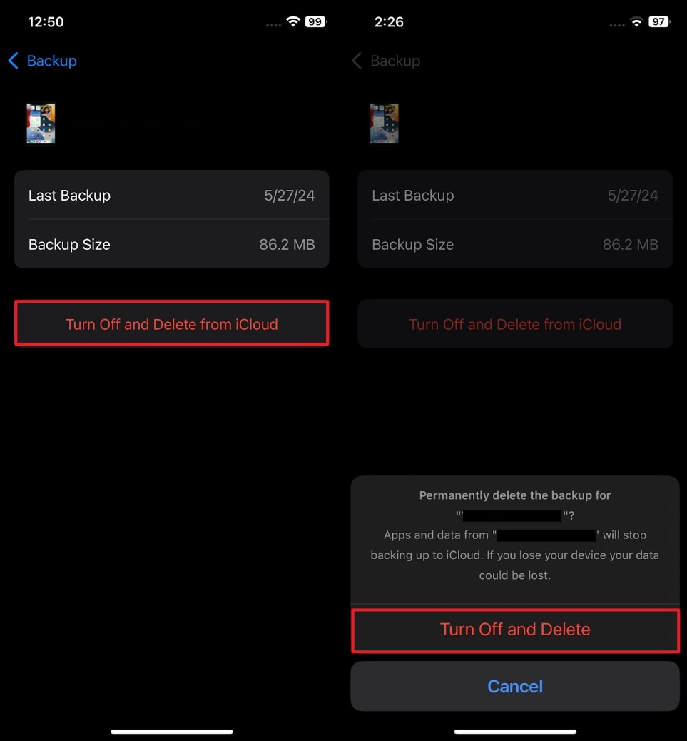 OFFをオフにして、iCloudから削除します