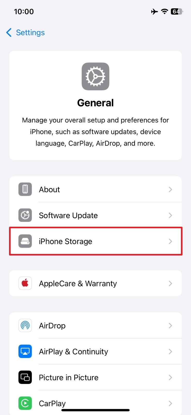一般的な設定からiPhoneストレージにアクセスします