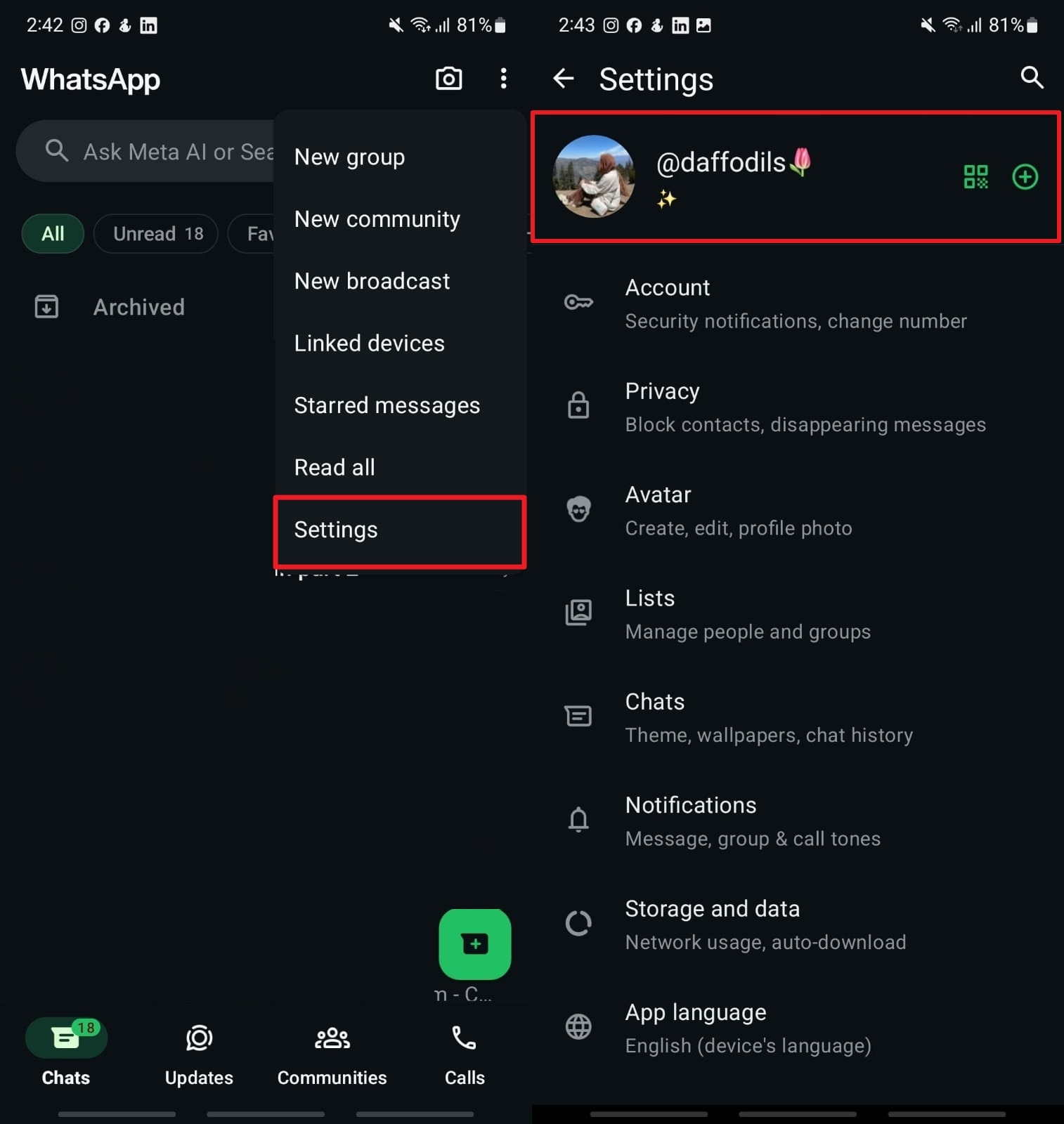 WhatsApp Androidのユーザー名にアクセスします
