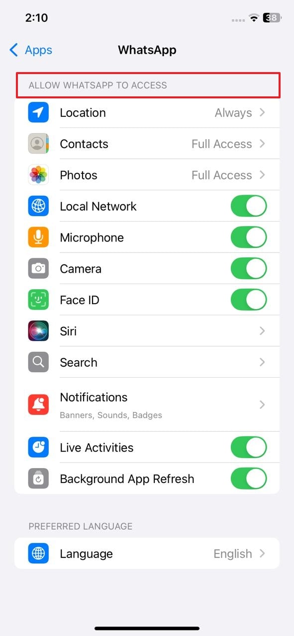 設定からWhatsAppアクセス許可を調整します