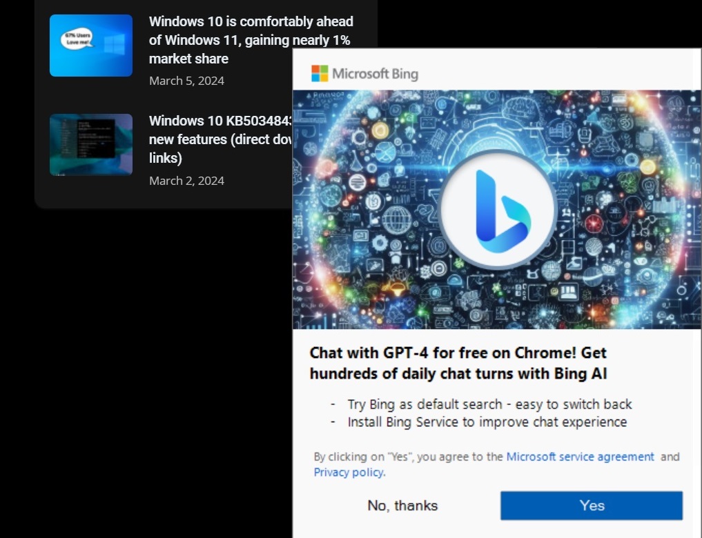 ChromeのBing Pop-Ad