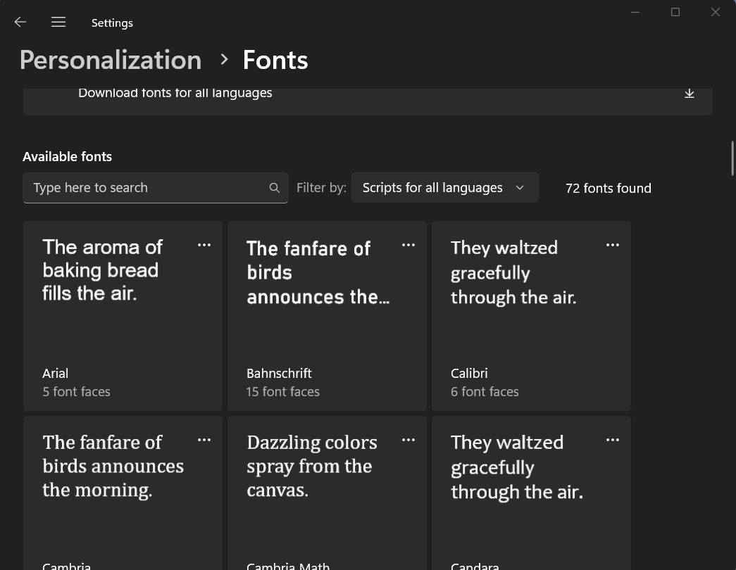 設定アプリWindows 11にインストールされたフォントリストを確認します