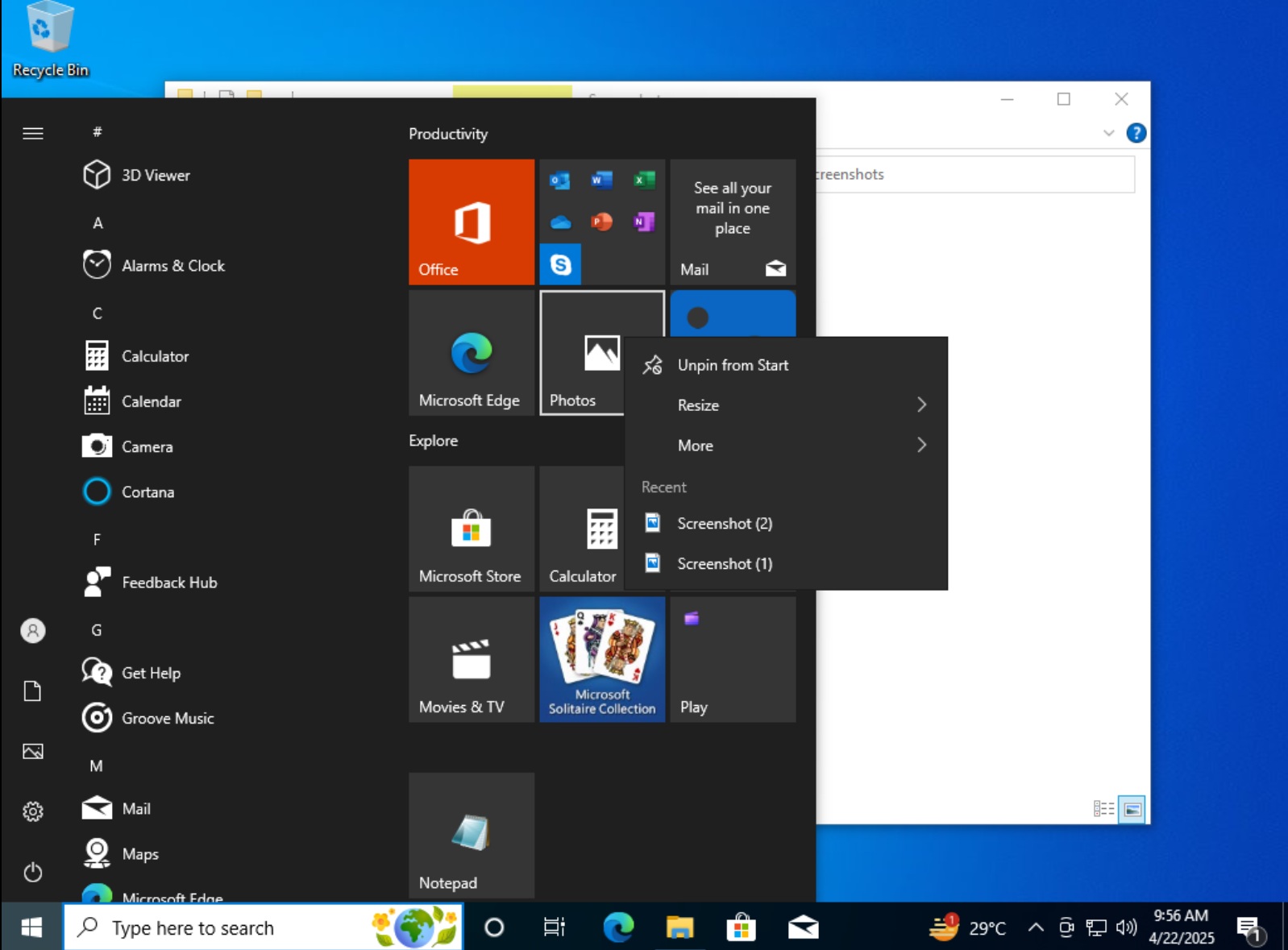 写真アプリジャンプリストのスタートメニューWindows10